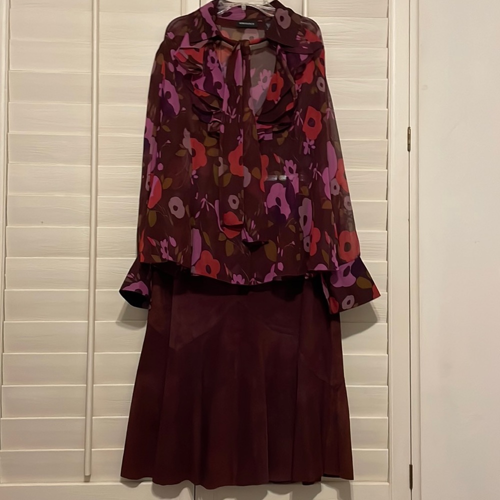 Ideology Silk & Leather Blouse/ Skirt Top XL Skirt 14